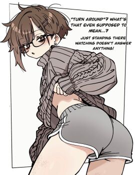 1girl asami-chan ass bags_under_eyes black-framed_eyewear body_freckles brown_eyes brown_hair brown_sweater clothes_lift cowboy_shot cross cross_necklace dolphin_shorts earrings english_text freckles glasses grey_shorts hair_ornament hairclip highres hozuki_asami_(asami-chan) jewelry lifting_own_clothes looking_at_viewer looking_back necklace original ribbed_sweater short_hair short_shorts shorts solo sweater sweater_lift thighs turtleneck turtleneck_sweater white_background
