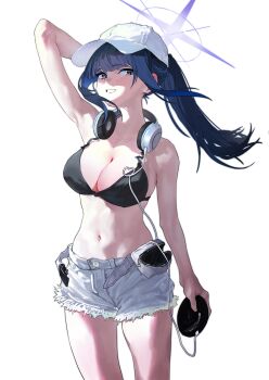 1girl absurdres baseball_cap bikini bikini_top_only black_bikini black_hair blue_archive blue_eyes blue_hair blue_halo breasts cleavage denim denim_shorts halo hat headphones headphones_around_neck highres large_breasts long_hair looking_at_viewer milu_de_chuangkoutie official_alternate_costume ponytail saori_(blue_archive) saori_(swimsuit)_(blue_archive) shorts simple_background solo swimsuit white_background white_hat