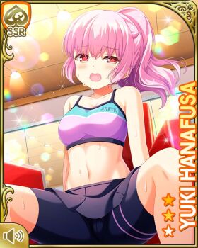 1girl :o bare_arms bare_shoulders black_shorts bra braid braided_ponytail card_(medium) day exercising exercise_machine girlfriend_(kari) gym hanafusa_yuki indoors midriff navel official_art open_mouth pink_hair ponytail purple_bra qp:flapper red_eyes scrunchie shorts sitting solo sports_bra sweat tagme underwear
