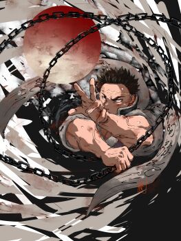 1boy absurdres beads black_hair blank_eyes blood chain chain_blades demon_slayer_uniform haori highres himejima_gyoumei japanese_clothes kimetsu_no_yaiba male_focus muscular muscular_male prayer_beads scar scar_on_face scar_on_forehead short_hair solo veins veiny_arms yae_(8lsymojkn1y5bly)