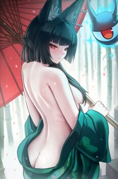1girl absurdres animal_ear_fluff animal_ears ass back black_hair breasts butt_crack commentary fox_ears fox_girl green_kimono hair_censor highres holding holding_umbrella hoshimi_miyabi japanese_clothes kimono large_breasts long_hair puppnett red_eyes sideboob tailless_(zenless_zone_zero) umbrella very_long_hair zenless_zone_zero