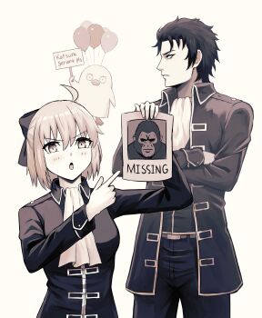 1boy 1girl absurdres ahoge alternate_costume ascot balloon belt belt_buckle bow buckle closed_mouth commentary cosplay crossover elizabeth_(gintama) english_commentary english_text fate/grand_order fate_(series) gintama gorilla hair_bow height_difference highres hijikata_toshizou_(fate) hijikata_toushirou hijikata_toushirou_(cosplay) holding holding_balloon jacket koha-ace looking_at_viewer okita_sougo okita_sougo_(cosplay) okita_souji_(fate) pants profile short_hair sushisnek wanted_poster