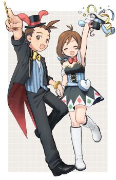 1boy 1girl ace_attorney ahoge animal_ear_headwear animal_ears antenna_hair apollo_justice apollo_justice:_ace_attorney black_dress black_jacket black_pants black_shoes blue_bow boots border bow bowtie breasts brown_eyes brown_hair closed_eyes collared_shirt commentary_request confetti couple detached_collar dress dress_shoes fake_animal_ears forked_eyebrows full_body gloves gold_bangle gold_trim grey_background grid_background hair_bow hair_slicked_back hat hetero hideyo746 highres holding holding_hands holding_unworn_clothes holding_unworn_hat holding_wand jacket knee_boots magician medium_breasts medium_hair mini_hat off-shoulder_dress off_shoulder open_mouth pants rabbit_ears red_bow red_bowtie shirt shoes short_hair smile spiked_hair strapless strapless_dress streamers striped_clothes striped_vest top_hat trucy_wright unworn_hat unworn_headwear vest waistcoat wand white_boots white_border white_gloves white_shirt yellow_bow yellow_bowtie