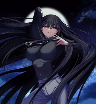 1girl arm_behind_head arm_up black_shirt breasts covered_erect_nipples covered_navel denim jeans jewelry kurotsuki_no_yaergnacht large_breasts long_hair long_sleeves looking_at_viewer moon necklace night night_sky pants purple_eyes shirt sky smile solo star_(sky) starry_sky taichou_furyou very_long_hair yaergnacht_finsternis