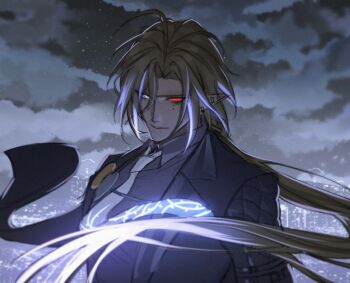 1boy ahoge blonde_hair blue_coat blurry blurry_background blurry_foreground chihuahuarien closed_mouth cloud cloudy_sky coat commentary ear_piercing earrings english_commentary glowing glowing_eyes glowing_hair glowing_neckwear grey_eyes hair_between_eyes half-closed_eyes heterochromia highres hugo_vlad jewelry long_hair looking_at_viewer male_focus medallion mole mole_under_eye necktie night night_sky outdoors piercing pointy_ears purple_necktie purple_shirt red_eyes shirt sky smile solo star_(sky) starry_sky upper_body v-shaped_eyebrows zenless_zone_zero