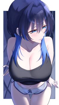 Rule 34 | 1girl, absurdres, alternate costume, arms under breasts, bare shoulders, black tank top, blue eyes, blue hair, border, breasts, camisole, cleavage, closed mouth, collarbone, cowboy shot, foreshortening, hair between eyes, hair intakes, highres, hololive, hololive english, large breasts, long hair, looking to the side, mahiruuu, medium hair, multicolored hair, ouro kronii, shorts, solo, tank top, virtual youtuber, white border, white camisole, white shorts, wolf cut