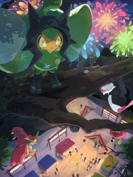 applin branch candy_apple carmine_(pokemon) chimecho fireworks flapple flower food from_above gen_2_pokemon gen_3_pokemon gen_8_pokemon highres hoothoot in_tree kieran_(pokemon) market_stall multiple_boys multiple_girls night nintendo ogerpon outdoors pokemon pokemon_(creature) pokemon_sv samugohan3658 skwovet star-shaped_pupils star_(symbol) summer_festival symbol-shaped_pupils tree white_flower yellow_eyes