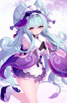 1girl absurdres apron aqua_hair black_gloves blush breasts closed_mouth commentary_request dango food frilled_apron frilled_sleeves frills fur-trimmed_kimono fur_trim genshin_impact gloves hair_between_eyes hair_ornament highres japanese_clothes kimono long_hair looking_at_viewer maid maid_apron maid_headdress medium_breasts new_year nihongami obi_bow pink_eyes pink_kimono pink_nails pointy_ears purple_nails sandals sleeveless sleeveless_kimono socks tail takemura_kou wa_maid wagashi watermark white_apron white_socks yumemizuki_mizuki