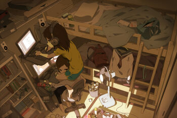 2girls backpack bad_id bag barefoot bed bedroom black_leggings book bookshelf box brown_eyes brown_hair bunk_bed can carrying cd chair computer controller cosmetics crack_of_light dark drawing drawing_tablet drink_can electric_fan food from_above frown game_controller hair_ornament hairclip hand_fan headphones indoors ladder laptop leggings light multiple_girls nail_polish_bottle office_chair original pillow pocky room school_uniform serafuku shade short_hair shorts shoulder_carry siblings sitting sitting_on_person sitting_on_shoulder sitting_on_shoulders sliding_doors soda_can speaker sunlight swivel_chair tomioka_jirou trash_can unworn_backpack unworn_bag