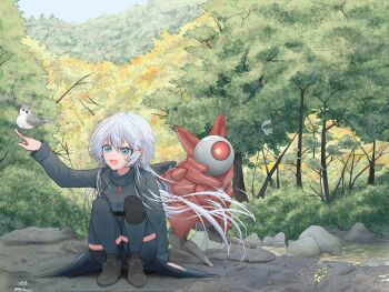 Rule 34 | 1girl, :d, aqua eyes, aqua thighhighs, arm at side, bird, boots, brown boots, commentary, day, english commentary, floating hair, forest, full body, grey hair, hair between eyes, hair ornament, hand up, happy, highres, index finger raised, knees up, long hair, looking at animal, mr banois, nature, open mouth, outdoors, philia (tsui no stella), robot, seedling, sidelocks, sitting, sleeves past wrists, smile, solo, spiked hair, thighhighs, tree, tsui no stella, twitter username, upturned eyes, very long hair, white bird, x hair ornament