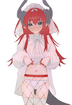 1girl absurdres asymmetrical_horns blush clothes_lift colored_extremities cowboy_shot dragon_girl dragon_horns dragon_tail dress elizabeth_bathory_(avenger)_(fate) fate/grand_order fate_(series) fishnets fishnets_over_socks grey_eyes hashtag-only_commentary highres horns long_hair mikon_(nicknqme) navel open_mouth panties red_hair simple_background skirt skirt_lift socks solo tail tearing_up thighhighs two_side_up underwear veil white_background white_dress white_headdress white_panties white_socks white_thighhighs white_veil