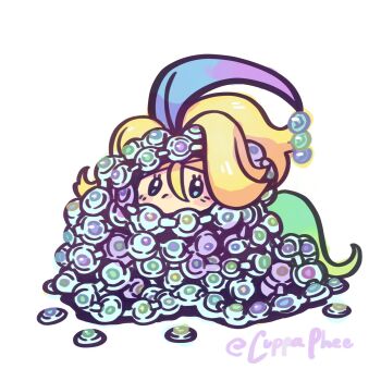 1girl bandolier belt blonde_hair blue_hair blush buried chibi chibi_only closed_mouth cuppaphee green_hair hair_between_eyes highres korrina_(pokemon) long_hair looking_at_viewer mega_stone multicolored_hair nintendo pokemon pokemon_legends:_z-a purple_hair simple_background sitting solo white_background