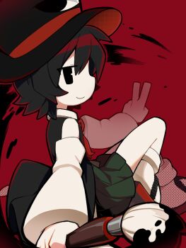Rule 34 | 1other, androgynous, bare legs, bare shoulders, black coat, black eyes, black hair, black hat, bow, calligraphy brush, closed mouth, coat, coattails, collared shirt, collared socks, commentary, detached sleeves, enraku tsubakura, eye of senri, eyes visible through hair, from side, full body, green hakama, hair between eyes, hakama, hakama short skirt, hakama skirt, halftone, hat, holding, holding calligraphy brush, holding paintbrush, ink, japanese clothes, knees up, kokum0tsu, len'en, long sleeves, looking at viewer, neck ribbon, other focus, paintbrush, pointy nose, red bow, red hat, red ribbon, red sandals, ribbon, sandals, shirt, short hair, simple background, sitting, skirt, sleeveless, sleeveless coat, sleeveless shirt, smile, socks, solo, symbol-only commentary, tabi, top hat, two-sided fabric, two-sided headwear, v, white shirt, white sleeves, white socks, zouri