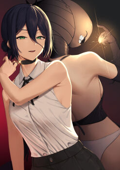 2girls absurdres back-to-back backboob black_choker black_gloves black_hair black_ribbon black_shorts bomb_devil_(chainsaw_man) breasts chainsaw_man choker elbow_gloves gloves green_eyes grenade_pin hair_between_eyes hair_bun highres if_second looking_at_viewer medium_breasts multiple_girls neck_ribbon object_head panties reze_(chainsaw_man) ribbon shirt shirt_tucked_in shorts sleeveless sleeveless_shirt underwear white_panties white_shirt