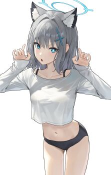 1girl animal_ear_fluff animal_ears black_panties blue_archive blue_eyes blue_halo blush bra_strap bra_visible_through_clothes breasts bright_pupils claw_pose collarbone commentary cowboy_shot crop_top crop_top_overhang cropped_shirt cross_hair_ornament extra_ears fake_animal_ears fingernails gluteal_fold grey_hair hair_between_eyes hair_ornament halo hands_up highres long_hair long_sleeves looking_at_viewer medium_breasts medium_hair mismatched_pupils navel no_pants open_mouth panties parted_lips shiroko_(blue_archive) shirt simple_background sleeves_past_wrists solo standing stomach suumon underwear white_background white_pupils white_shirt wolf_ears wolf_girl