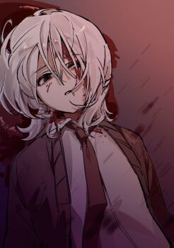 Rule 34 | 1boy, blank stare, blood, blood from forehead, blood in hair, blood on clothes, brown cardigan, cardigan, collared shirt, corpse, dress shirt, hashtag-only commentary, looking at viewer, lying, male focus, necktie, on back, oo52 qlsn, parted lips, pool of blood, red necktie, saihate eki, shirt, solo, tatsunami shion, upper body, white hair, white shirt
