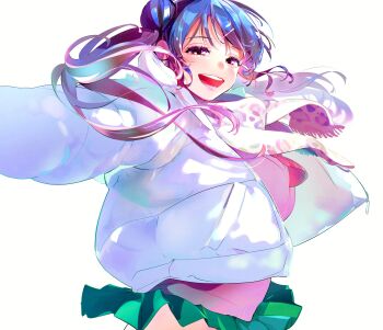 1girl commentary_request double_bun green_skirt hair_bun hair_ornament hairclip highres jacket kaba_yuuji kakunaru_ue_wa long_hair miyamoto_niina open_clothes open_jacket open_mouth outstretched_arms pleated_skirt purple_eyes purple_hair scarf simple_background skirt smile solo spread_arms twintails white_background white_jacket