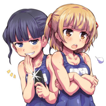 2girls black_hair blue_eyes blue_one-piece_swimsuit blush brown_eyes cellphone commentary_request crossed_arms grin hagiya_masakage highres holding holding_phone light_brown_hair marui_mitsuba mitsudomoe_(manga) multiple_girls name_tag one-piece_swimsuit phone school_swimsuit short_twintails smartphone smile sugisaki_miku swimsuit taking_picture teeth twintails two_side_up upper_body