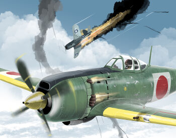 aircraft airplane cloud f4u_corsair fire flying helmet ki-84_hayate matsuda_juukou military military_vehicle original pilot pilot_helmet propeller propeller_fighter shot_down sky smoke smoke_trail world_war_ii