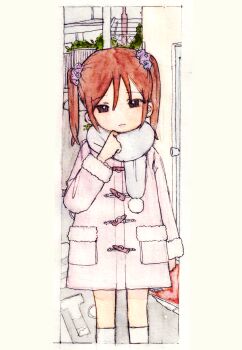 1girl aponikuru_e brown_hair coat fur_trim hair_ornament highres long_sleeves original solo thighhighs twintails winter_clothes zettai_ryouiki