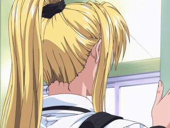 00s 1girl 2001 animated animated_gif bible_black bible_black_night_of_the_walpulgiss blonde_hair classroom female_focus high_ponytail ponytail purple_eyes saeki_kaori school_uniform shirt solo tagme white_shirt