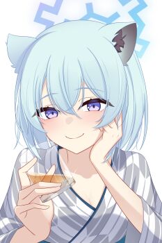 1girl absurdres animal_ears arm_rest bath_yukata blue_archive blue_hair blue_halo closed_mouth commentary_request cup drink drinking_glass glint hair_between_eyes halo hand_on_own_cheek hand_on_own_face head_rest highres holding holding_cup japanese_clothes kimono light_blush looking_at_viewer official_alternate_costume portrait purple_eyes rocks_glass shigure_(blue_archive) shigure_(hot_spring)_(blue_archive) short_hair simple_background siranui_desu smile solo weasel_ears weasel_girl white_background yagasuri yukata