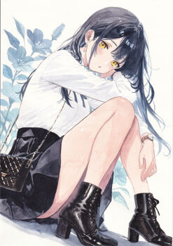 1girl :o bag bare_legs black_boots black_hair black_skirt blunt_bangs boots commentary_request earrings flower flower_request from_side hand_on_own_face handbag highres jewelry leaf long_hair long_sleeves looking_at_viewer miniskirt original painting_(medium) plant pleated_skirt sidelocks simple_background sitting skirt solo traditional_media watch watercolor_(medium) white_background yellow_eyes yoru_(watercolor_artist)