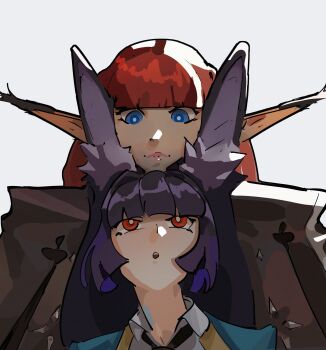 2girls :o absurdres animal_ear_fluff animal_ears black_hair black_necktie blue_eyes boogiedraws closed_mouth commentary crossover english_commentary fox_ears grey_background height_difference highres hoshimi_miyabi hulkenberg_(metaphor:_refantazio) lips looking_at_another looking_down looking_up metaphor:_refantazio multiple_girls necktie pink_lips pointy_ears red_eyes red_hair simple_background smile trait_connection zenless_zone_zero