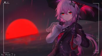 1girl absurdres black_dress black_flower black_gloves breasts dress evernight_(honkai:_star_rail) flower gloves hair_between_eyes hair_flower hair_ornament hairclip highres holding honkai:_star_rail honkai_(series) jewelry long_hair long_sleeves looking_at_viewer march_7th_(honkai:_star_rail) multiple_girls pink_hair red_eyes shirt smile solo yumi_(user_cwxa7835)