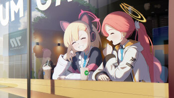 3girls ^_^ aged_up alternate_costume alternate_hairstyle animal_ear_headphones animal_ears black_suit blue_archive blue_necktie blush bow cat_ear_headphones cat_ears clenched_hand closed_eyes collared_shirt commentary_request cup day disposable_cup eimi_(blue_archive) fake_animal_ears formal_clothes grin hair_bow hair_ornament hairclip halo hamachikichiki hand_up happy headphones highres hood hood_down hooded_jacket indoors jacket laughing long_hair long_sleeves low-tied_long_hair millennium_science_school_logo momoi_(blue_archive) multiple_girls necktie open_clothes open_jacket open_mouth partial_commentary pink_hair pink_halo ponytail profile red_bow school_uniform shirt sitting smile suit upper_body v-shaped_eyebrows very_long_hair white_bow white_jacket white_shirt wide_sleeves window yellow_halo yuzu_(blue_archive)