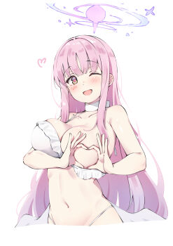 1girl absurdres angel_wings bare_arms bare_shoulders bikini blue_archive blush breasts choker cleavage collarbone commentary_request feathered_wings four-finger_heart_hands frilled_bikini frills halo heart heart_hands heart_in_eye highres komasi large_breasts long_hair looking_at_viewer low_wings mika_(blue_archive) mika_(swimsuit)_(blue_archive) navel official_alternate_costume official_alternate_hairstyle one_eye_closed open_mouth pink_eyes pink_hair pink_halo simple_background smile solo stomach swimsuit symbol_in_eye v very_long_hair white_background white_bikini white_choker white_wings wings