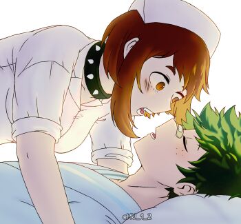 1boy 1girl bandaid bandaid_on_face bandaid_on_nose blue_robe boku_no_hero_academia breasts brown_eyes brown_hair closed_eyes collar commentary english_commentary fangs freckles girl_on_top green_hair hat highres imminent_bite medium_breasts midoriya_izuku mu_1_2 nurse nurse_cap robe sleeves_rolled_up spiked_collar spikes twitter_username uraraka_ochako vampire