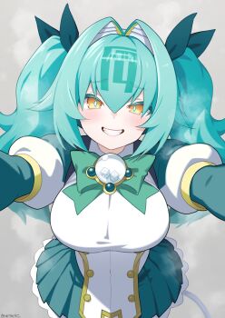 1girl blue_hair blue_ribbon bow breasts brown_eyes commentary_request copyright_request dice g-14_iyo green_bow green_skirt grey_background grin hair_between_eyes hair_intakes hair_ribbon highres large_breasts layered_sleeves long_hair long_sleeves looking_at_viewer mahjong_fight_girl pleated_skirt puffy_short_sleeves puffy_sleeves ribbon saitou_touko shirt short_over_long_sleeves short_sleeves skirt smile solo steam twintails white_shirt