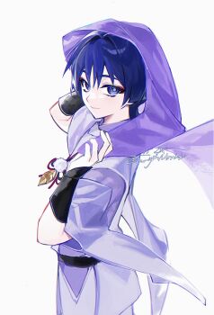 1boy armor black_sash blunt_ends closed_mouth clothing_cutout cnorkie colored_eyelashes eyelashes eyeliner eyeshadow feathers from_side furisode genshin_impact hair_intakes hands_up highres japanese_armor japanese_clothes kimono kote kurokote layered_sleeves looking_at_viewer makeup male_focus pants pom_pom_(clothes) purple_eyes purple_hair purple_sleeves purple_veil red_eyeliner red_eyeshadow sash scaramouche_(genshin_impact) scaramouche_(kabukimono)_(genshin_impact) short_sleeves shoulder_cutout side_cutout smile solo string tsurime twitter_username veil white_background white_pants white_sleeves wispy_bangs yellow_feathers