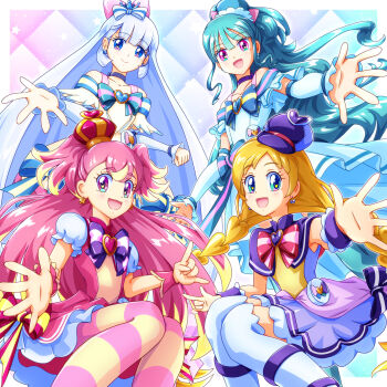 4girls :d \m/ animal_ear_hairband animal_ears aqua_background aqua_boots aqua_bow aqua_eyes aqua_hair aqua_hat arched_crown argyle_background arm_warmers bare_shoulders blonde_hair blue_background blue_bow blue_choker blue_crown blue_eyes blue_hairband blunt_bangs boots border bow bow_earrings braid brooch capelet cat_ear_hairband cat_ears choker clenched_hand closed_mouth collarbone colorful_background commentary crown crown_earrings cure_friendy cure_lillian cure_nyammy cure_wonderful dress dress_bow earrings fake_animal_ears frilled_arm_warmers frilled_dress frills gradient_background hair_bow hairband hat hat_ornament heart heart_brooch heart_hat_ornament highres inukai_iroha inukai_komugi jewelry long_hair looking_at_viewer low-tied_long_hair low_twin_braids magical_girl medium_dress mimimix mini_crown mini_hat mini_top_hat multicolored_bow multicolored_hair multicolored_pantyhose multiple_girls nekoyashiki_mayu nekoyashiki_yuki off-shoulder_dress off_shoulder open_hand open_mouth outside_border outstretched_hand pact_holder pantyhose pearl_earrings petticoat pink_background pink_bow pink_capelet pink_crown pink_dress pink_hair pink_pantyhose pink_wrist_cuffs ponytail pouch precure puffy_short_sleeves puffy_sleeves purple_background purple_bow purple_capelet purple_dress purple_eyes purple_hat purple_wrist_cuffs reaching reaching_towards_viewer shiny_cats_pact short_dress short_sleeves side_ponytail sleeveless sleeveless_dress smile spread_fingers squatting standing star_(symbol) streaked_hair striped_bow striped_clothes striped_pantyhose thigh_boots thighhighs tilted_headwear top_hat twin_braids very_long_hair white_arm_warmers white_border white_bow white_dress white_hair white_thighhighs wonderful_pact wonderful_precure! wrist_cuffs yellow_pantyhose zettai_ryouiki