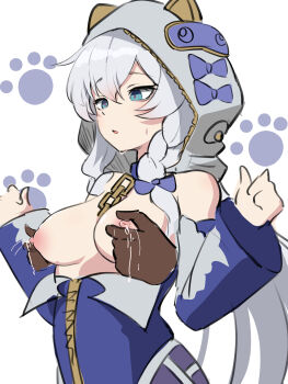1girl 1other absurdres alternate_breast_size_(larger) blue_eyes blue_unitard breasts commentary dark_skin detached_sleeves gr_greeze grabbing_another&#039;s_breast grabbing_from_behind groping highres honkai_(series) honkai_impact_3rd lactation large_breasts long_hair meme nipple_rub nipple_stimulation nipple_tweak nipples partially_unzipped paw_print teri_derp_(meme) theresa_apocalypse theresa_apocalypse_(schicksal&#039;s_imperative) very_long_hair white_hair white_hood