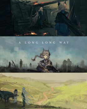 1boy 2girls battlefield black_cape black_hat black_horse blue_jacket blue_pants blue_sky cape charon_(reverse:1999) coat covered_face english_text fire grasslands grey_hair gun gusarlol hair_ornament hat highres hill holding holding_gun holding_weapon jacket long_hair low_ponytail merel_(reverse:1999) military_uniform multiple_girls pants path ponytail reverse:1999 rifle road sentinel_(reverse:1999) side_cape sky smoke standing trench veil weapon white_coat white_pants white_veil