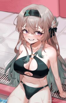 1girl absurdres bikini black_bikini black_hairband black_ribbon blue_pupils breasts cameltoe cleavage commentary_request firefly_(honkai:_star_rail) gradient_hair grey_hair hair_between_eyes hair_intakes hair_ornament hair_ribbon hairband highres honkai:_star_rail honkai_(series) korean_commentary large_breasts long_hair multicolored_hair on2_(on2dhsxn) open_mouth pool ribbon smile solo swimsuit teeth wet