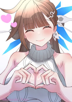 1girl absurdres alternate_costume bare_shoulders blush breasts brown_hair cleavage cleavage_cutout closed_eyes closed_mouth clothing_cutout commentary_request gundam68 heart heart_hands highres honkai_(series) honkai_impact_3rd large_breasts li_sushang long_hair sleeveless sleeveless_sweater smile solo sweater twitter_username