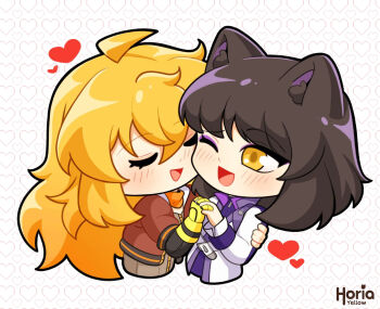 2girls ahoge animal_ear_fluff animal_ears black_hair blake_belladonna blonde_hair blush brown_jacket cat_ears cat_girl chibi closed_eyes commentary cropped_torso eyelashes eyeshadow hand_on_another&#039;s_arm heart heart_background highres holding_hands interlocked_fingers jacket long_hair long_sleeves makeup mechanical_arms medium_hair multiple_girls official_alternate_hair_length official_alternate_hairstyle one_eye_closed open_clothes open_jacket open_mouth prosthesis prosthetic_arm purple_eyeshadow rwby single_mechanical_arm smile spoilers white_jacket yang_xiao_long yellow_eyes yellow_nicky yuri