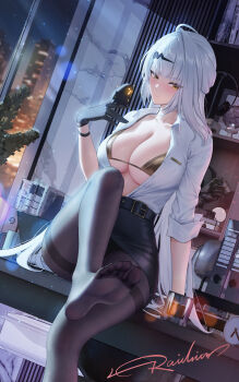 1girl absurdres artist_name belt bikini bikini_under_clothes bird bird_on_hand black_belt black_gloves black_pantyhose blush book breasts building cabinet city_lights cleavage collarbone collared_shirt commentary_request cup drinking_glass feet gloves gold_bikini hair_ornament highres indoors large_breasts leg_up light_particles long_hair long_sleeves looking_at_viewer miniskirt pantyhose pencil_skirt raidriar_18 shirt shirt_tucked_in signature sitting sitting_on_table skirt skyscraper soles solo swimsuit table toes very_long_hair white_hair white_shirt window yellow_eyes yixuan_(zenless_zone_zero) zenless_zone_zero