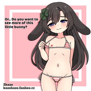 1girl 2kaze :3 animal_ears artist_name bikini bikini_top_pull blue_eyes blush breasts brown_hair clothes_pull clover_hair_ornament english_text gluteal_fold groin hair_ornament half-closed_eyes highres indie_virtual_youtuber kiyomi_pyon-pyon loli long_hair lop_rabbit_ears lowleg lowleg_bikini micro_bikini navel nipples one_breast_out pink_background pulling_own_clothes rabbit_ears rabbit_girl side-tie_bikini_bottom simple_background small_breasts smile solo stomach striped_bikini striped_clothes swimsuit thigh_gap thighs virtual_youtuber