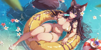 1girl animal_ear_fluff animal_ears armlet bead_bracelet bead_necklace beads bikini black_hair black_nails bracelet breasts cleavage cocktail_umbrella delta_(kagejitsu) drinking_straw eyewear_on_head flower flower_on_liquid food gold_armlet gold_bikini gold_bracelet gold_thighlet holding holding_food holding_popsicle jewelry kage_no_jitsuryokusha_ni_naritakute! large_breasts long_hair mitsu_(mitsu_art) navel necklace patreon_username pink_flower popsicle purple_eyes solo sunglasses swim_ring swimsuit tail thighlet tongue tongue_out water white_flower wolf_ears wolf_girl wolf_tail