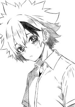 1boy birthmark blush bright_pupils closed_mouth collared_shirt hair_between_eyes highres lineart mothinus multicolored_hair nue_no_onmyouji school_uniform shirt short_sleeves sketch spiked_hair streaked_hair sweat yajima_gakuro