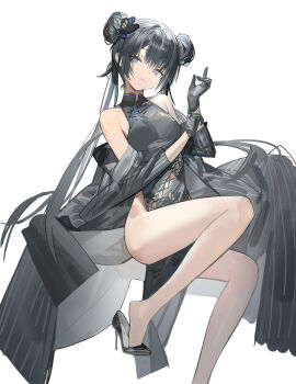 1girl adjusting_clothes adjusting_gloves artistic_error bare_legs bare_shoulders black_coat black_dress black_gloves black_hair black_shoes blue_archive blue_eyes breasts bright_pupils butterfly_hair_ornament china_dress chinese_clothes closed_mouth clothes_between_thighs coat crossed_legs double_bun dragon_print dress expressionless foot_out_of_frame gloves hair_bun hair_ornament hands_up head_tilt high_heels highleg highleg_dress highres invisible_chair kisaki_(blue_archive) knee_up legs long_hair long_sleeves looking_at_viewer mandarin_collar medium_breasts no_halo no_panties off_shoulder open_clothes open_coat pankou patent_heels pelvic_curtain pinstripe_coat pinstripe_pattern plumw print_dress pumps shoe_dangle shoes side_slit simple_background sitting sleeveless sleeveless_dress solo stiletto_heels thighs twintails very_long_hair white_background white_pupils