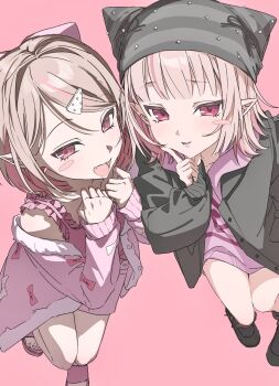 Rule 34 | 2girls, alternate costume, beanie, black cardigan, blush stickers, brown hair, camisole, cardigan, commentary request, dual persona, fang, hair ornament, hairclip, hat, highres, looking at viewer, makaino ririmu, multicolored hair, multiple girls, nijisanji, pink background, pink camisole, pink cardigan, pink eyes, pointy ears, samehara szk, short hair, simple background, single blush sticker, skin fang, smile, two-tone hair, virtual youtuber