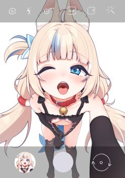 1girl absurdres animal_ear_fluff animal_ears bell blonde_hair blue_eyes blue_hair breasts cat_cutout cat_lingerie clothing_cutout commentary gloves highres indie_virtual_youtuber lucasyecla99 multicolored_hair one_eye_closed open_mouth sameko_saba small_breasts streaked_hair tail virtual_youtuber