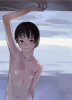 1girl armpits black_hair breasts female_focus highres loli nipples nude short_hair small_breasts smile solo takamichi