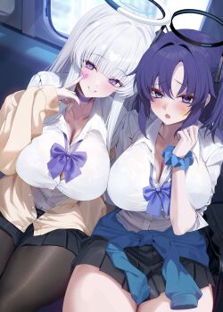 2girls black_skirt blue_archive blush breasts brown_pantyhose choker cleavage collared_shirt commentary_request dress_shirt grin hair_ornament halo highres large_breasts long_hair long_sleeves looking_at_viewer multiple_girls necktie noa_(blue_archive) open_mouth pantyhose purple_eyes purple_hair shirt sidelocks sitting skirt smile thighs two_side_up very_long_hair white_hair white_shirt xiujia_yihuizi yuuka_(blue_archive)