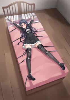 1girl absurdres arms_up assault_lily bdsm bed black_hair black_ribbon black_shoes black_skirt blush bound bound_ankles bound_arms bound_legs bound_together bound_wrists breasts closed_mouth commentary_request commission cropped_jacket cuffs day female_focus frilled_skirt frills from_above frown full_body hair_spread_out high-waist_skirt highres indoors jewelry juliet_sleeves leg_ribbon loafers long_hair long_sleeves looking_ahead lying medium_breasts miniskirt neck_ribbon on_back on_bed outstretched_arms puffy_sleeves purple_eyes restrained ribbon ring school_uniform shirai_yuyu shirt shoes skeb_commission skirt solo spread_eagle_position thigh_ribbon thighhighs v-shaped_eyebrows variant_set white_shirt wooden_floor yurigaoka_girls_academy_school_uniform yuzu_koshou_(yuzukosyooisi) zettai_ryouiki